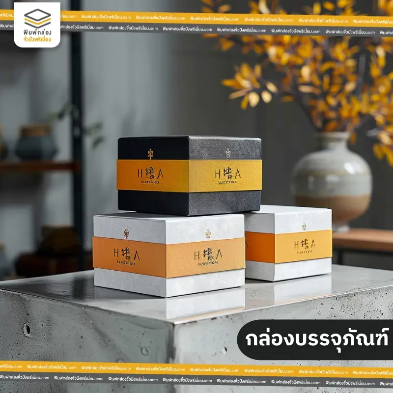 กล่องบรรจุภัณฑ์แบบฝาเสียบก้นเสียบ ขนาดเล็ก จำนวน 3 กล่อง ตัวกล่องใช้สีขาว ดำ ส้ม เป็นหลัก