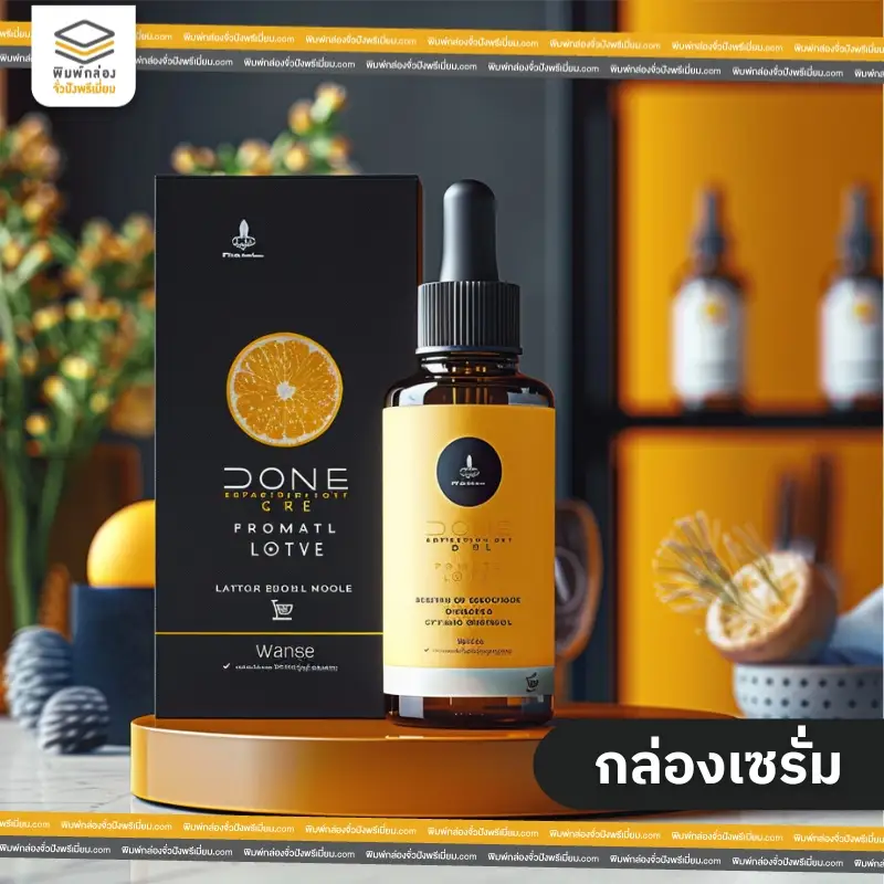 กล่องใส่เซรั่ม พร้อมพิมพ์โลโก้รูปส้มครึ่งซีก ออกแบบตัวกล่องโดยเน้นไปที่สีดำ-ส้มเป็นหลัก