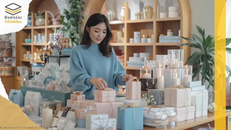 ร้านค้าที่ตกแต่งด้วยของขวัญและสินค้าหรูหรา เธอกำลังจัดเรียงกล่องของขวัญสีพาสเทลบนโต๊ะ