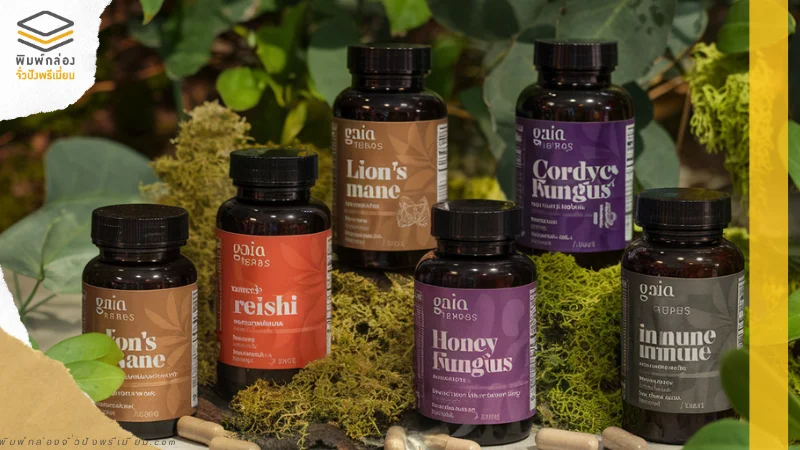 ขวดอาหารเสริมสีฉลากสินค้า Gaia Herbs หลากหลายสูตร เช่น Lion's Mane และ Cordyceps Fungus วางในบรรยากาศธรรมชาติท่ามกลางต้นไม้และมอสสีเขียว