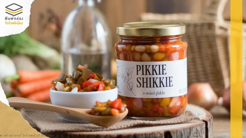 ผักดอง Pikkie Shikkie ในขวดแก้วใสสติกเกอร์ ฉลากสินค้าสีขาว พร้อมถ้วยใส่ผักดองสีสันสดใส วางบนโต๊ะในบรรยากาศครัวแบบคลาสสิก