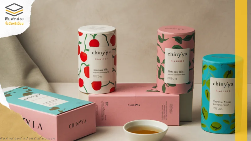กล่องกระดาษทรงกระบอกสีชมพูลายการ์ตูน วางบนโต๊ะพร้อมใบชาแห้งและถ้วยชาที่ให้ความรู้สึกน่ารักและทันสมัย