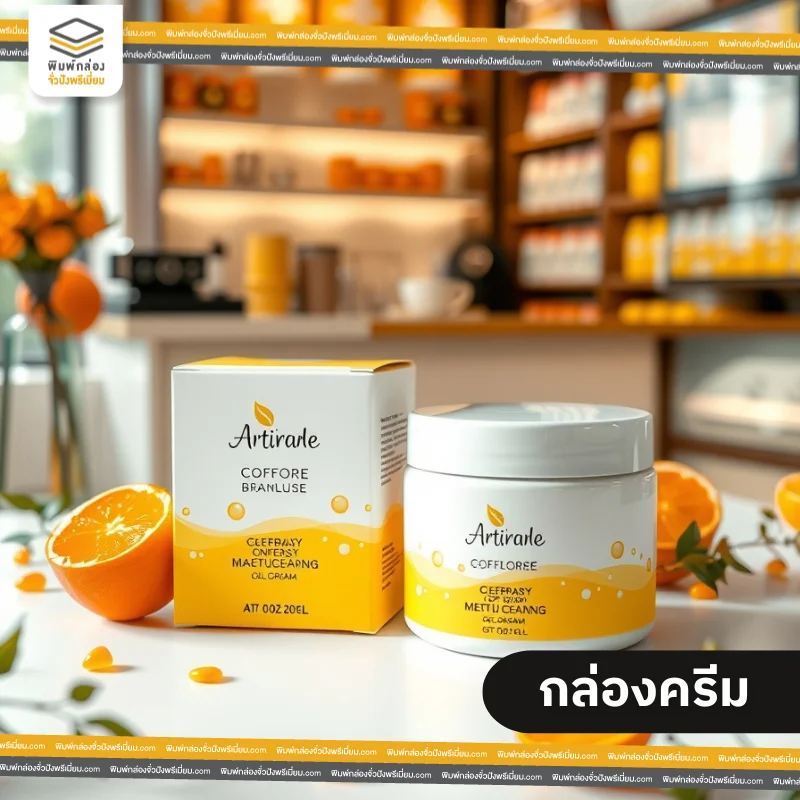 กล่อง packaging ครีมออกแบบอย่างเรียบหรู มีกระปุกครีมวางอยู่ข้างๆ ตบแต่งด้วยส้ม วางอยู่บนพื้นสีขาว