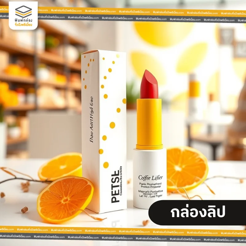 กล่อง packaging ลิปสติก ตัวกล่องสีขาว-เหลือง ตกแต่งด้วยลวดลายหยดน้ำสีทอง วางบนโต๊ะสีขาว พร้อมส้มและก้านไม้