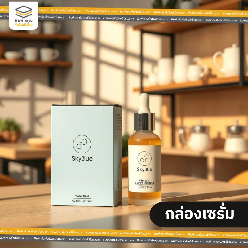 กล่องบรรจุภัณฑ์ ใส่เซรั่ม สีฟ้าอ่อน พิมพ์โลโก้สีดำ มีขวดเซรั่มวางอยู่ข้างๆกล่อง บนพื้นไม้สีน้ำตาล
