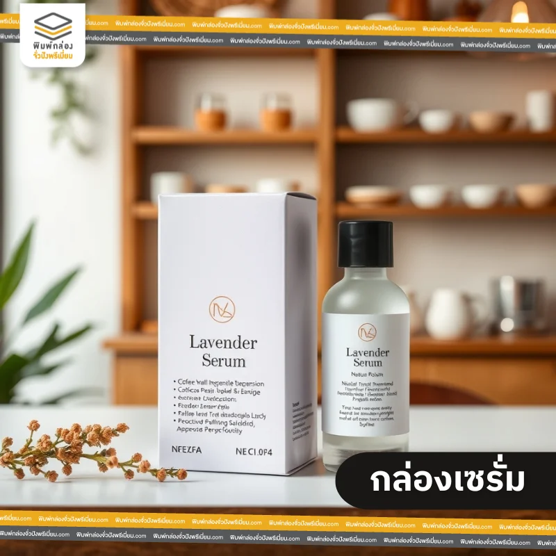 กล่องเซรั่ม สีขาว ดีไซน์หรูหรา ตัวกล่องพิมพ์โลโก้และรายละเอียดต่างๆ พื้นหลังเป็นชั้นวางของ