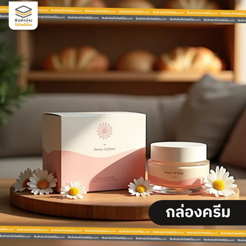 กล่อง packaging ครีมออกแบบอย่างเรียบหรู มีกระปุกครีมวางอยู่ข้างๆ ตบแต่งดอกไม้สีขาว วางอยู่บนพื้นสีขาว
