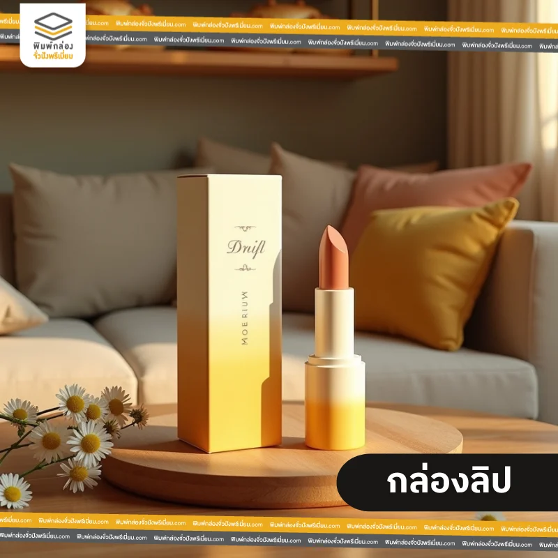 กล่อง packaging ลิปสติก ดีไซน์หรูหรา ตัวกล่องสีขาวและส้ม วางบนโต๊ะสีขาว พื้นหลังเป็นห้องนั่งเล่น