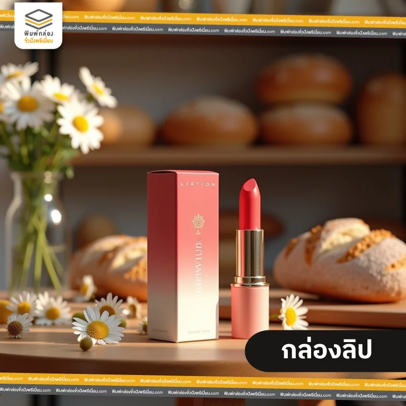 กล่อง packaging ลิปสติกโทนขาว-แดง ดีไซน์หรูหรา วางคู่กับแท่งลิปสติก อบู่ในร้านเบเกอร์รี่สไตล์อบอุ่น