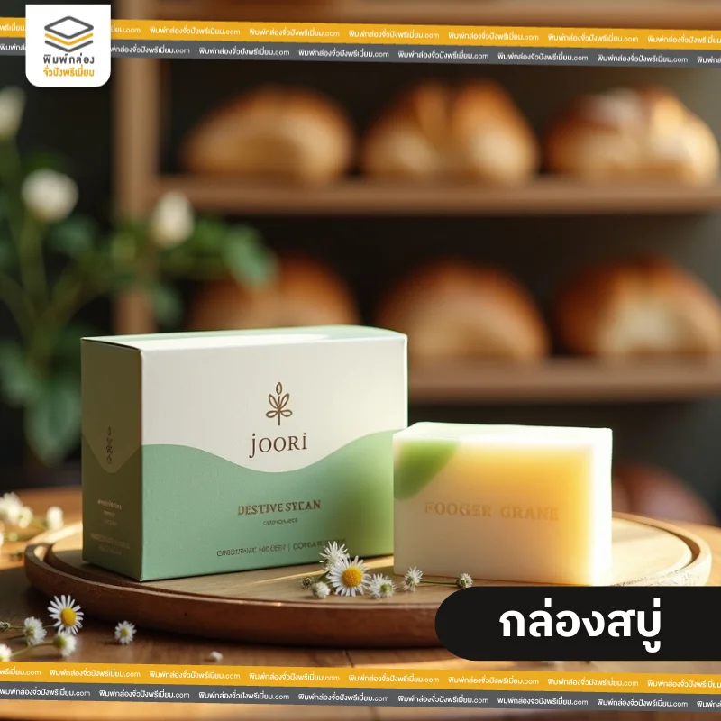 กล่องสบู่ ออกแบบสีทูโทนระหว่างสีเขียวและสีขาว พร้อมพิมพ์โลโก้ มีก้อนสบู่วางอยู่ข้างๆกล่องสบู่