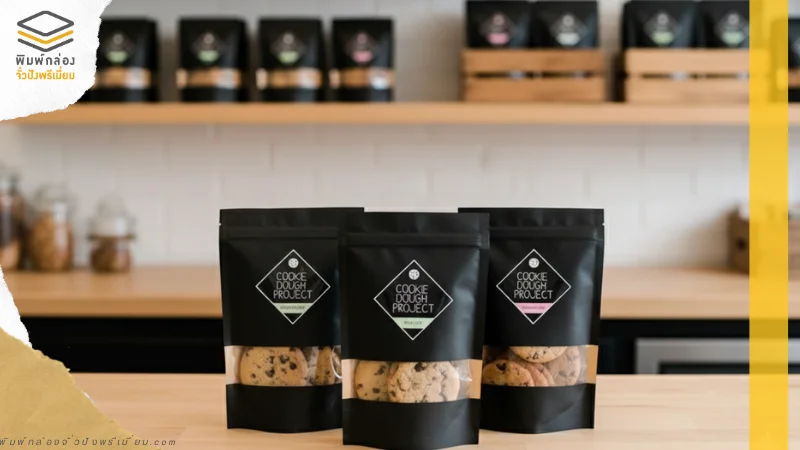ถุงฟอยล์ซิปดำใส่คุกกี้ พิมพ์โลโก้ร้านแบบมินิมอล ตัวอย่างไอเดียออกแบบแพคเกจจิ้งง่ายๆ