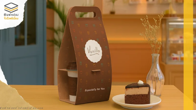 กล่องกระดาษหูหิ้วสีน้ำตาลพร้อมช่องใส่กาแฟและเค้ก แสดงการออกแบบแพคเกจจิ้งฟังก์ชันใหม่