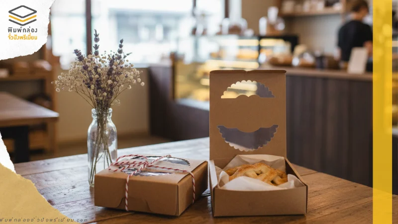 กล่องกระดาษสีน้ำตาลใส่ขนมพาย มาพร้อมหน้าต่างโชว์สินค้าและเชือกผูกตกแต่ง