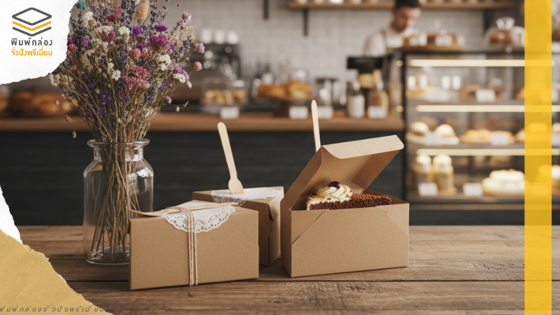 กล่องกระดาษคราฟท์ใส่เค้กบนโต๊ะคาเฟ่ ตัวอย่างการ ออกแบบแพคเกจจิ้ง ที่เรียบง่าย พร้อมแรงบันดาลใจจาก ไอเดียออกแบบแพคเกจจิ้ง